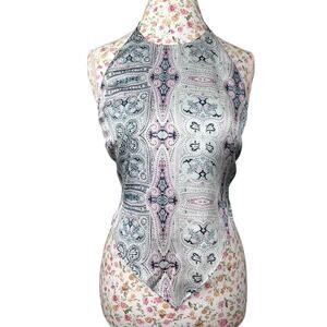 NWT ACOA Retro Handkerchief Halter Top size Medium Silver Tone Blue Pink Boho